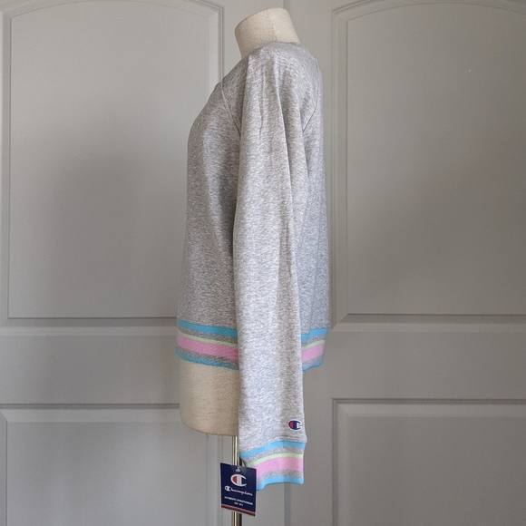 Champion Sweatshirt Rainbow Logo French Terry Crew Raglan Sleeves Grey L NWT - Picture 8 of 15
